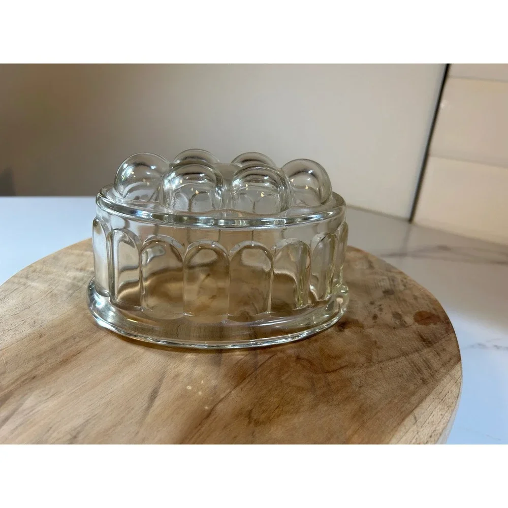 Vintage Clear Pressed Glass Oval Jelly Butter Mold Fluted‎ Bubble Top Farmhouse